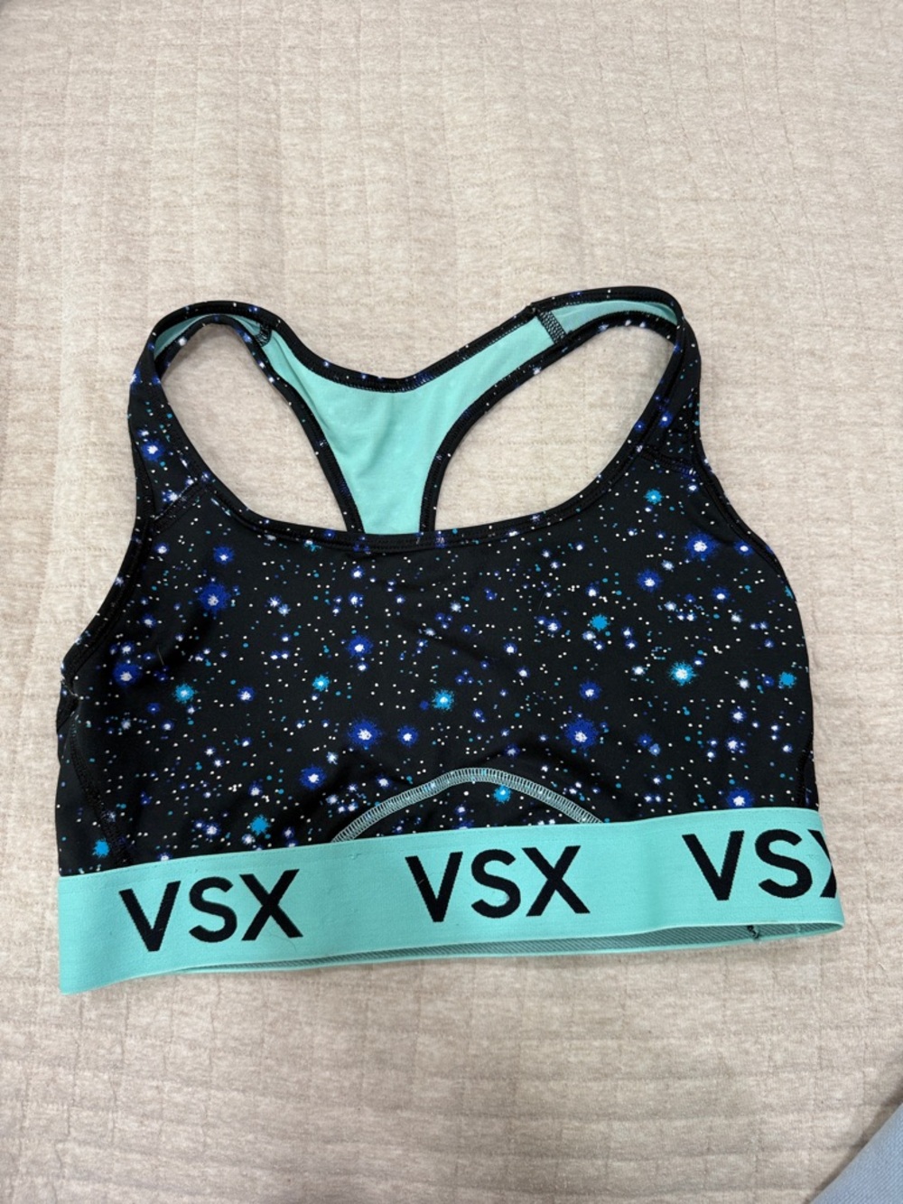 VSX Black Galaxy Print Racerback Sports Bra with Aqua Trim